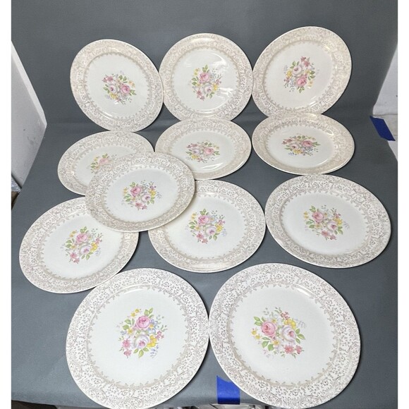 Dinner Plates 10" Royal China Rose Glory 24 Kt Gold-Set 12-Vintage 1950s - Picture 7 of 16